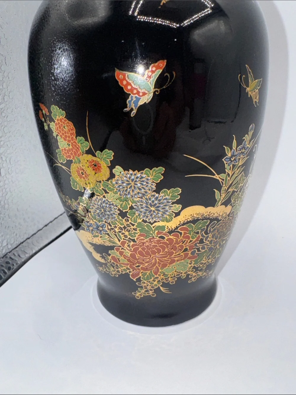 Japanese Black Ceramic Fine Art Vase featuring detailed multi-color floral VTG